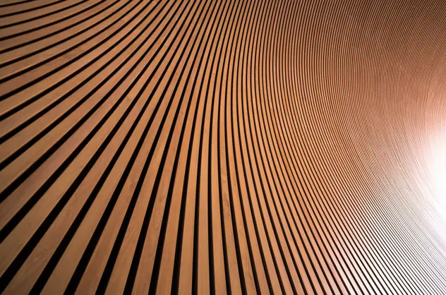 A close up of many thin lines of flat wood curving upwards