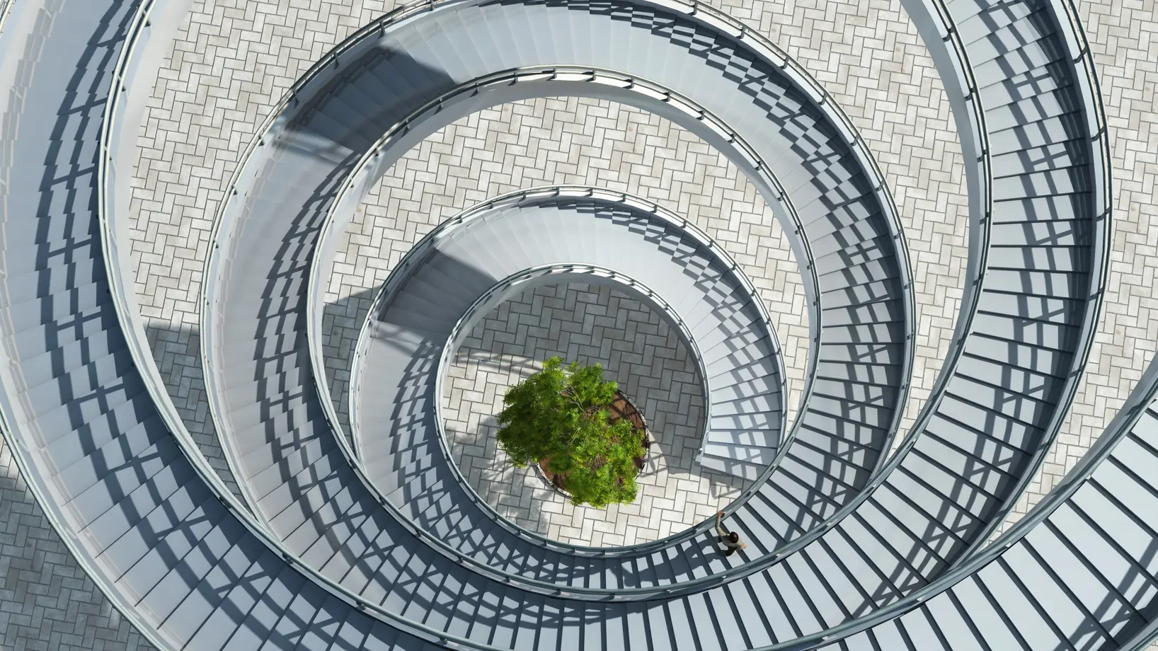 An aerial view of an outdoor spiral staircase with a single tree at the bottom in the centre