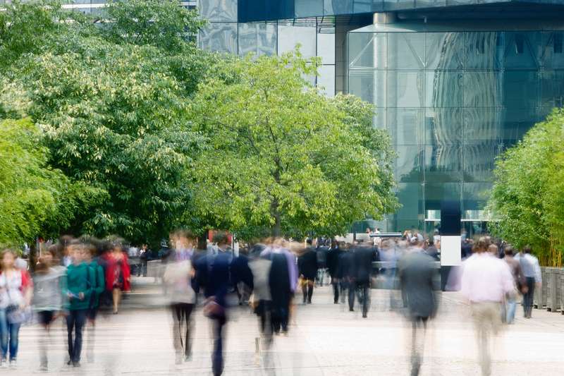 people commuting with green areas around them