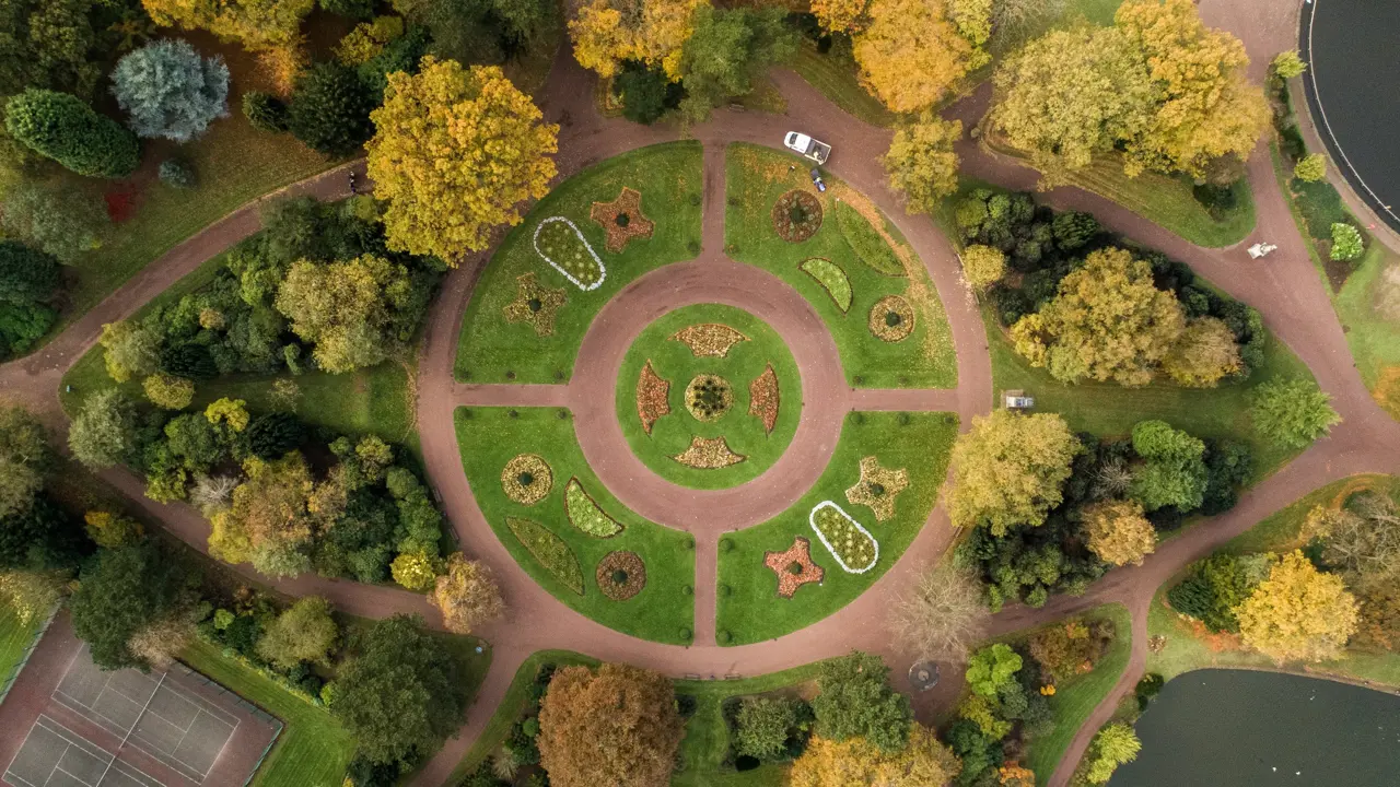 Aerial view of a circular grassy park