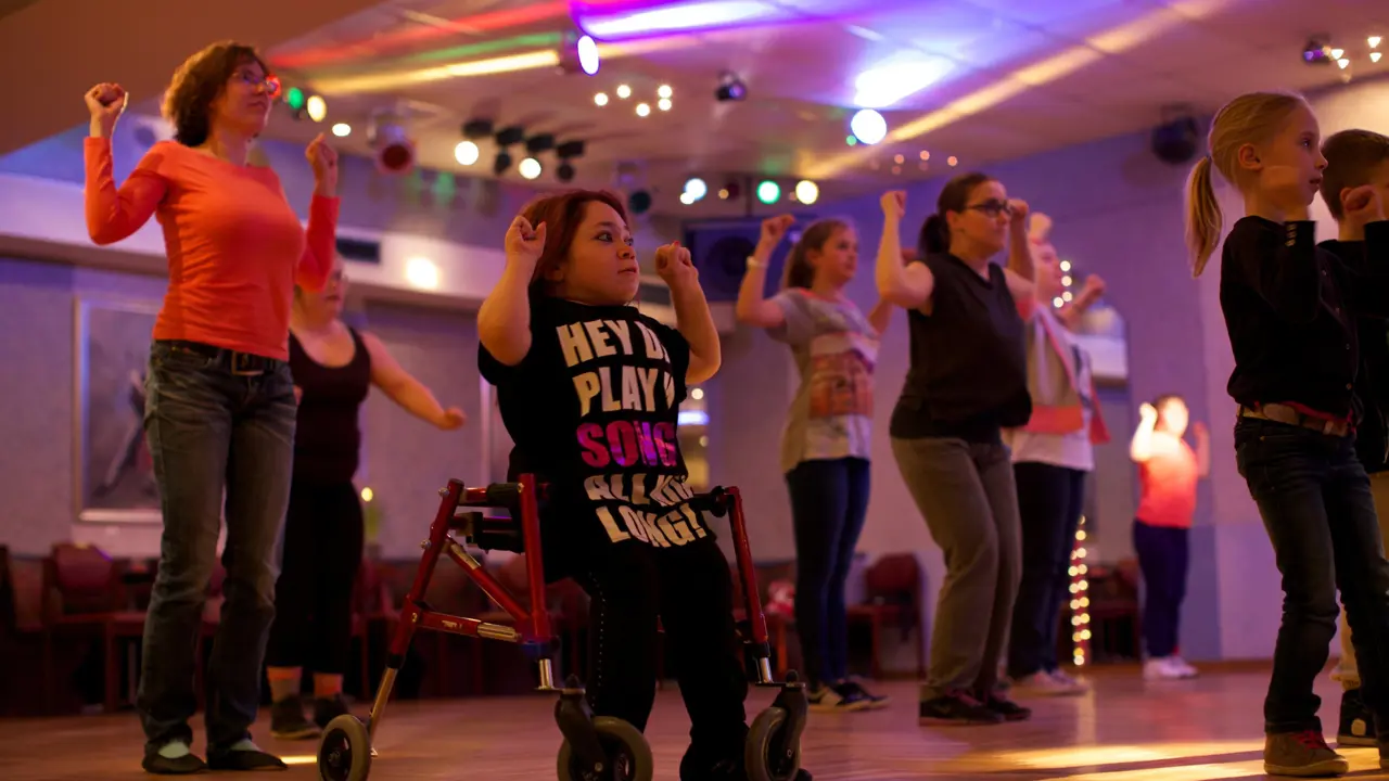 A group of adults and children dancing in a room with bright coloured lights