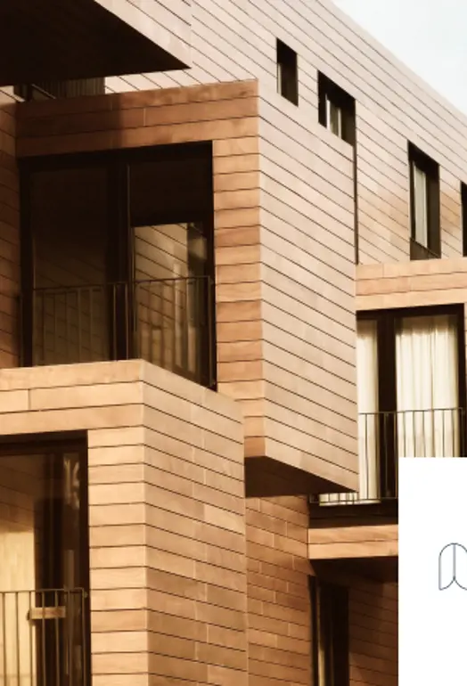 Built By Nature logo and wood apartments