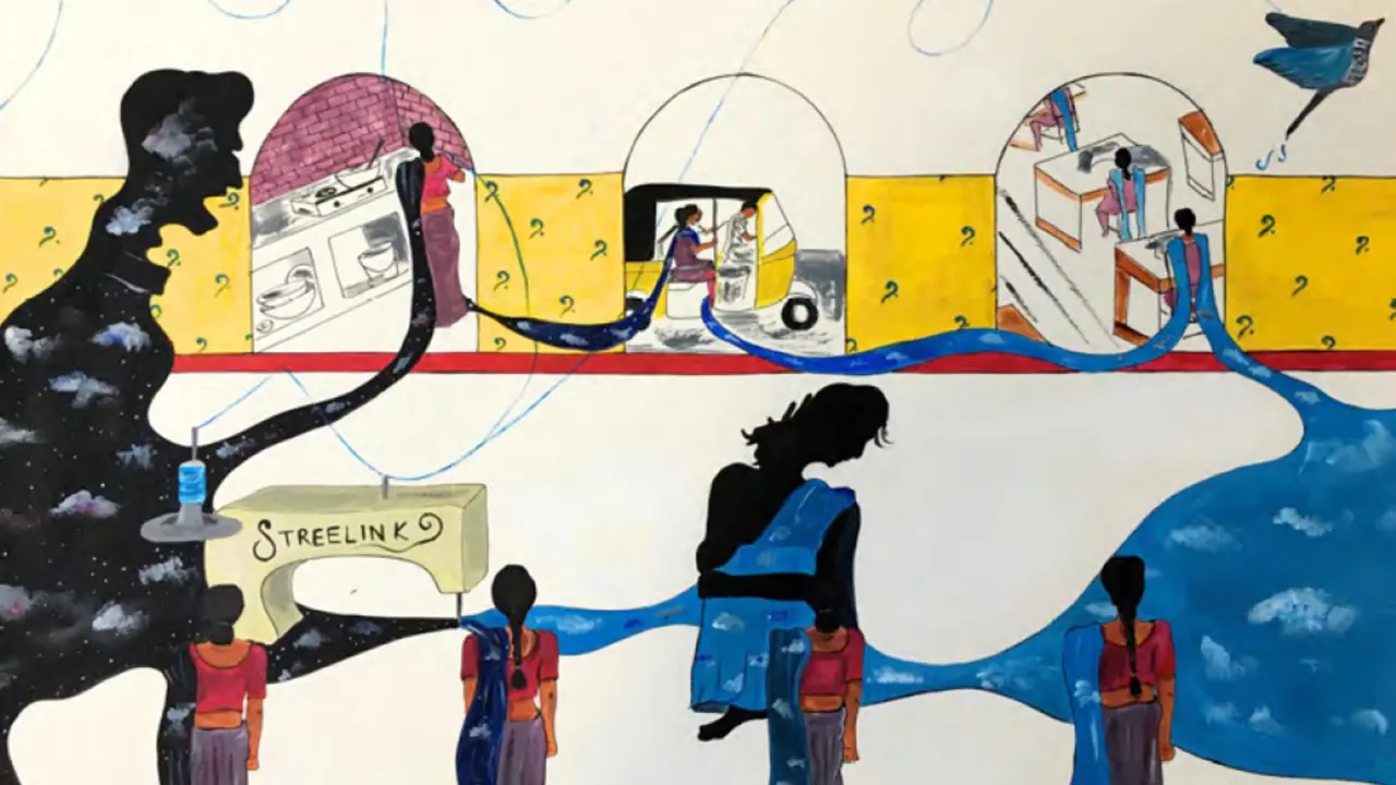 A painted style graphic showing figures and a sewing machine