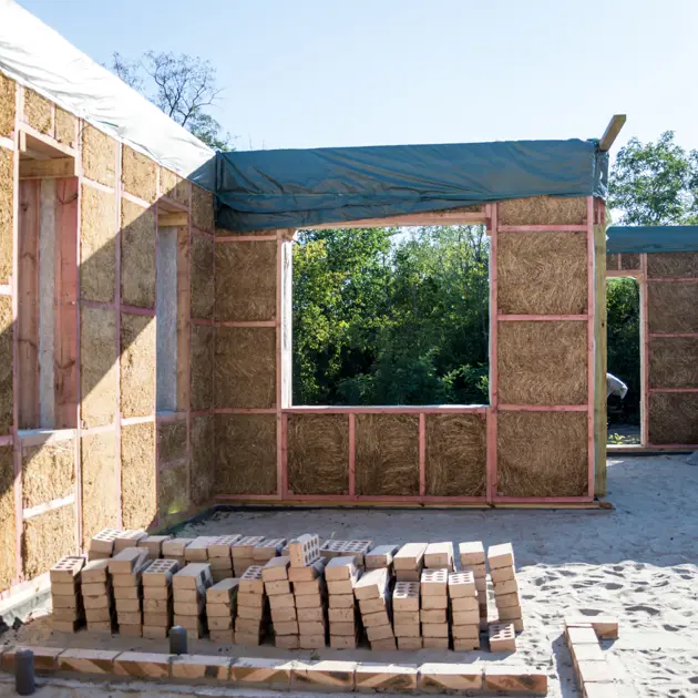 Walls in the process of being built, the wooden frame and internal insulation is visible and there are loose bricks stacked up in the foreground.